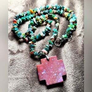 Multi Gemstone NECKLACE CROSS PENDANT Jasper Chalcedony 925 Clasp 4107 W